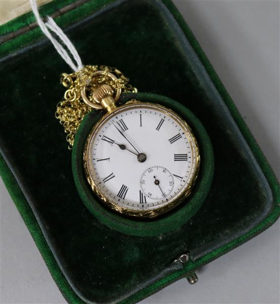 A Swiss 18ct engraved gold ladys pocket watch on 9ct gold fine chain.